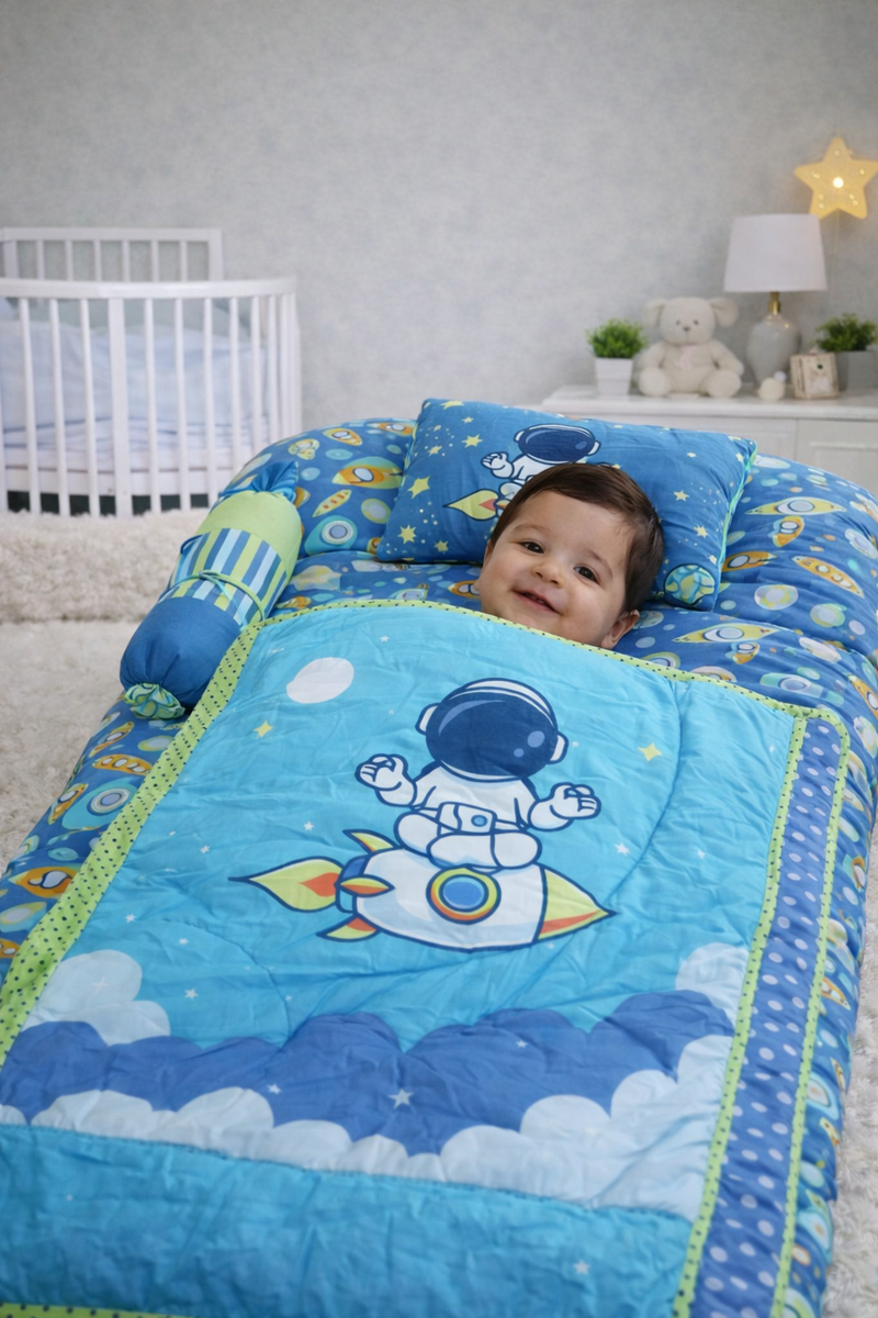 Kradyl Kroft 6 Pc Bedding Set for Infants | Baby Bedding Set | Baby Mattress with Quilt | Side Pillows | Head Pillow (Rocket)