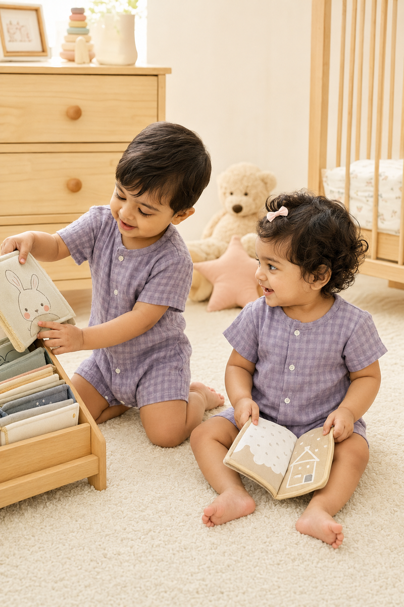 Lilac Checks | Short Sleeves | Unisex Romper Bodysuit | 100% Cotton Muslin for 0 to 2 Yrs