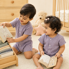 Lilac Checks | Short Sleeves | Unisex Romper Bodysuit | 100% Cotton Muslin for 0 to 2 Yrs