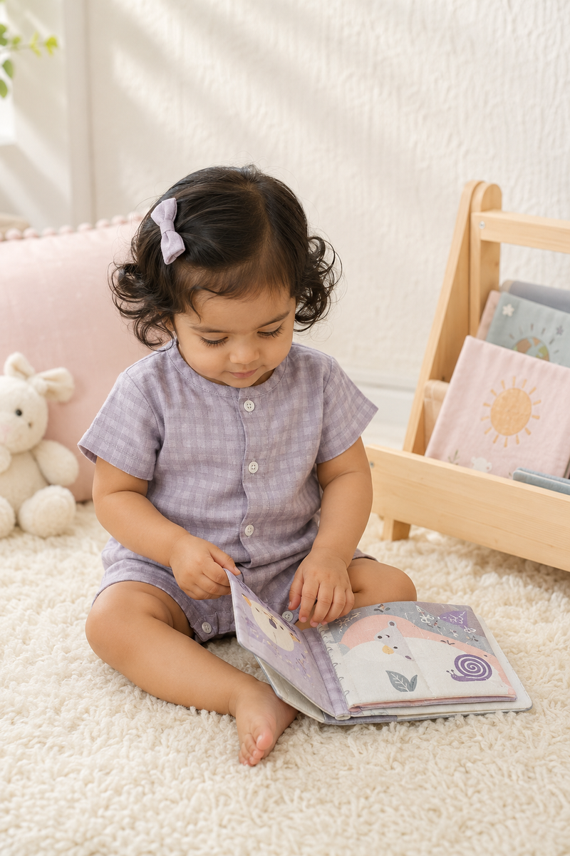 Lilac Checks | Short Sleeves | Unisex Romper Bodysuit | 100% Cotton Muslin for 0 to 2 Yrs