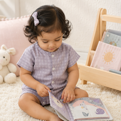 Lilac Checks | Short Sleeves | Unisex Romper Bodysuit | 100% Cotton Muslin for 0 to 2 Yrs
