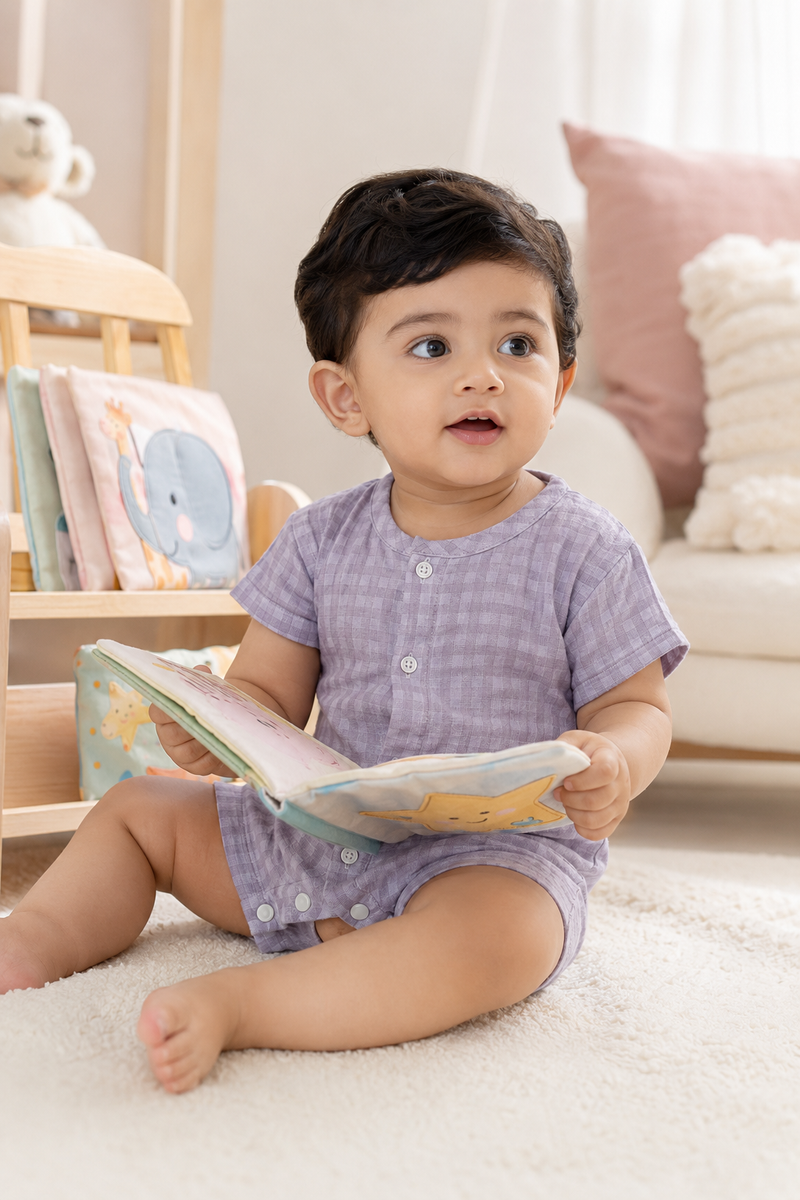 Lilac Checks | Short Sleeves | Unisex Romper Bodysuit | 100% Cotton Muslin for 0 to 2 Yrs
