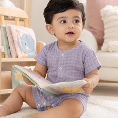 Lilac Checks | Short Sleeves | Unisex Romper Bodysuit | 100% Cotton Muslin for 0 to 2 Yrs