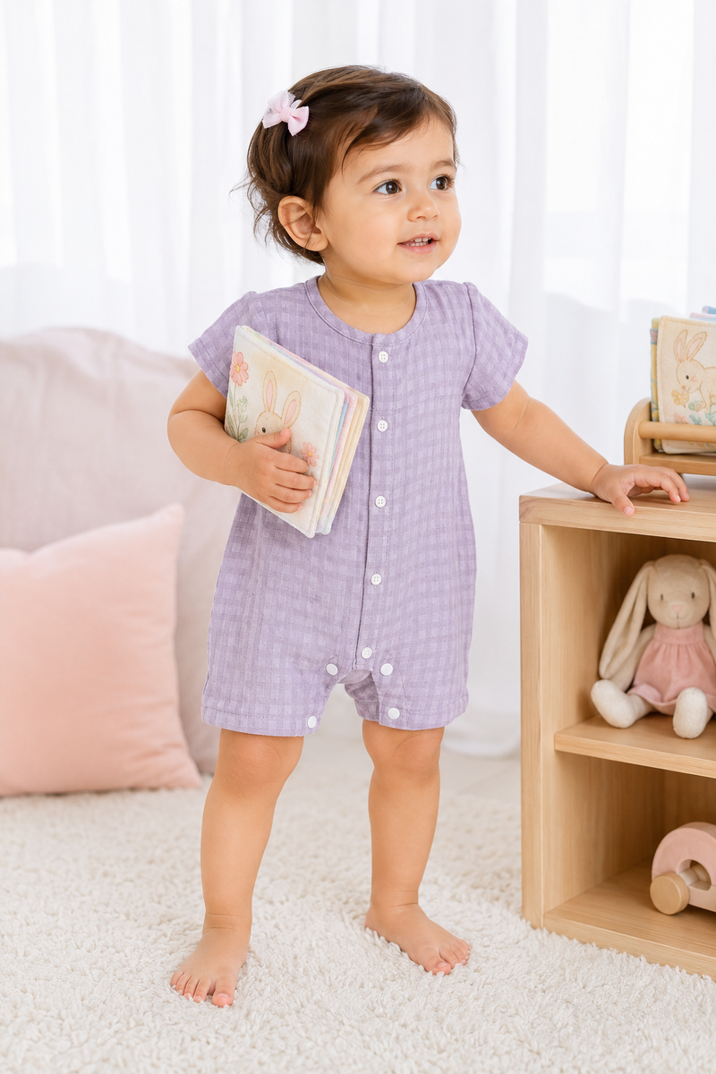 Lilac Checks | Short Sleeves | Unisex Romper Bodysuit | 100% Cotton Muslin for 0 to 2 Yrs
