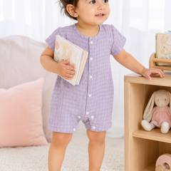 Lilac Checks | Short Sleeves | Unisex Romper Bodysuit | 100% Cotton Muslin for 0 to 2 Yrs