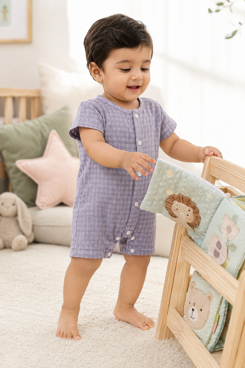 Lilac Checks | Short Sleeves | Unisex Romper Bodysuit | 100% Cotton Muslin for 0 to 2 Yrs