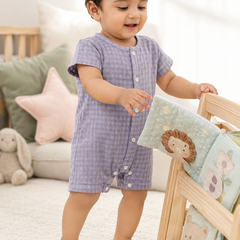 Lilac Checks | Short Sleeves | Unisex Romper Bodysuit | 100% Cotton Muslin for 0 to 2 Yrs