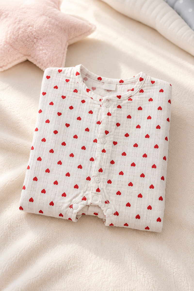 Red Hearts | Short Sleeves | Unisex Romper Bodysuit | 100% Cotton Muslin for 0 to 2 Yrs