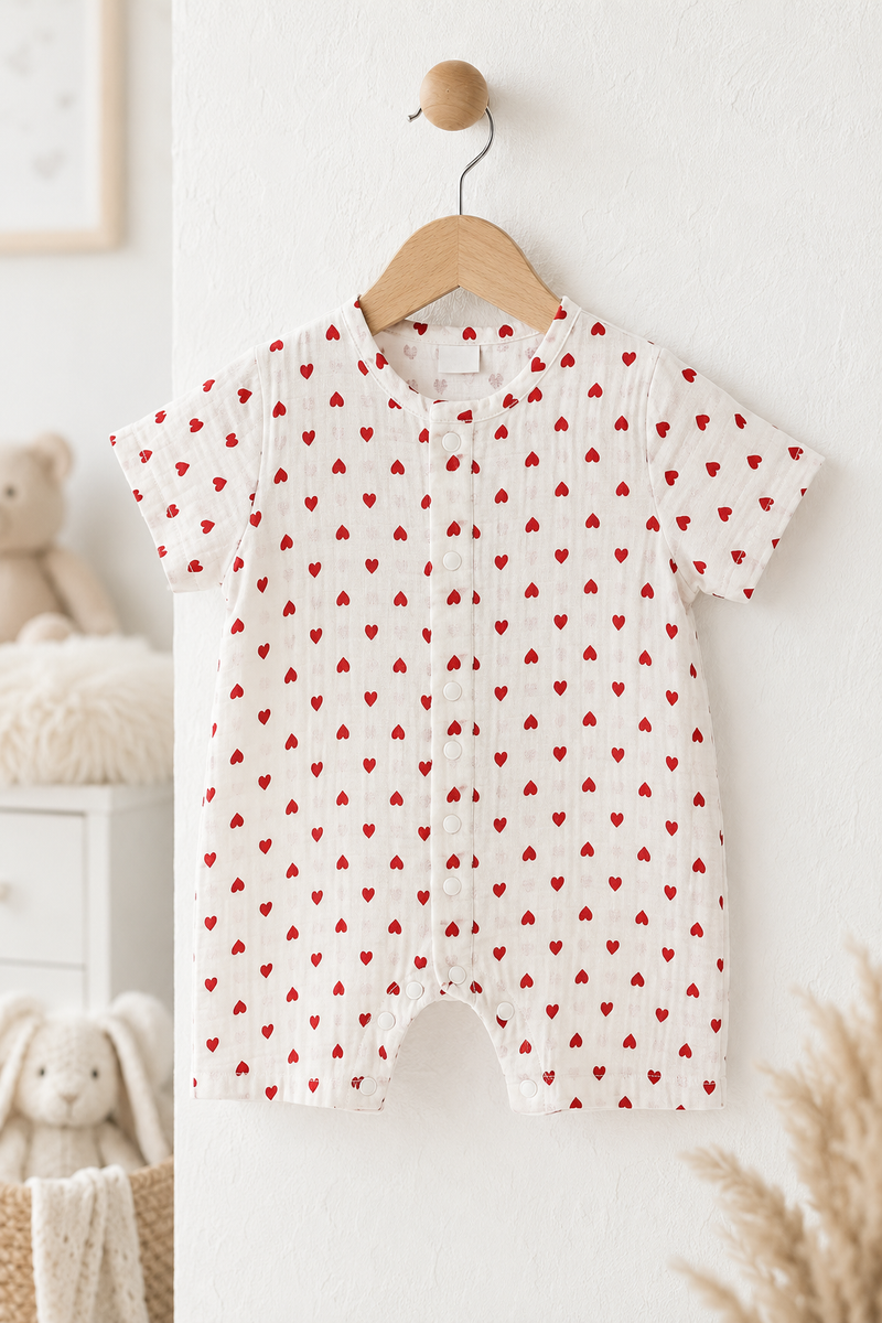 Red Hearts | Short Sleeves | Unisex Romper Bodysuit | 100% Cotton Muslin for 0 to 2 Yrs