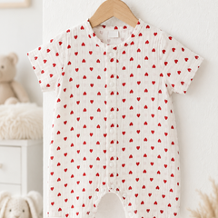 Red Hearts | Short Sleeves | Unisex Romper Bodysuit | 100% Cotton Muslin for 0 to 2 Yrs