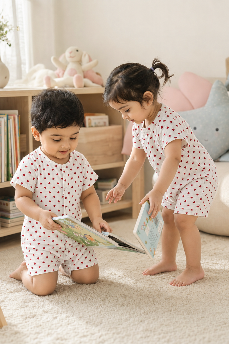 Red Hearts | Short Sleeves | Unisex Romper Bodysuit | 100% Cotton Muslin for 0 to 2 Yrs