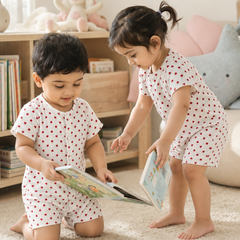 Red Hearts | Short Sleeves | Unisex Romper Bodysuit | 100% Cotton Muslin for 0 to 2 Yrs