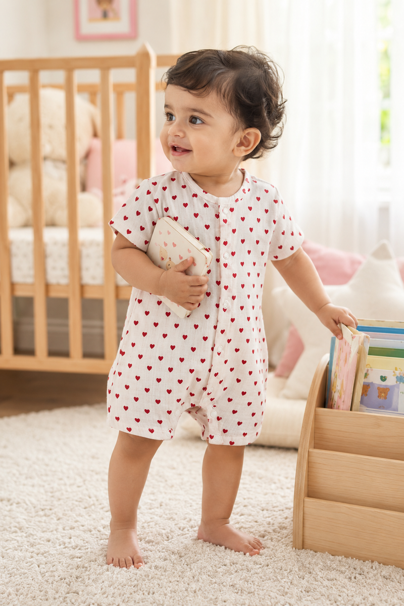Red Hearts | Short Sleeves | Unisex Romper Bodysuit | 100% Cotton Muslin for 0 to 2 Yrs