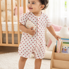 Red Hearts | Short Sleeves | Unisex Romper Bodysuit | 100% Cotton Muslin for 0 to 2 Yrs