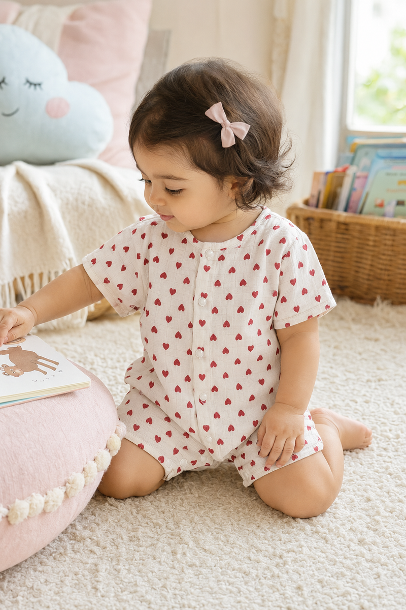 Red Hearts | Short Sleeves | Unisex Romper Bodysuit | 100% Cotton Muslin for 0 to 2 Yrs