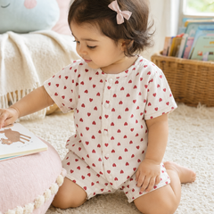 Red Hearts | Short Sleeves | Unisex Romper Bodysuit | 100% Cotton Muslin for 0 to 2 Yrs