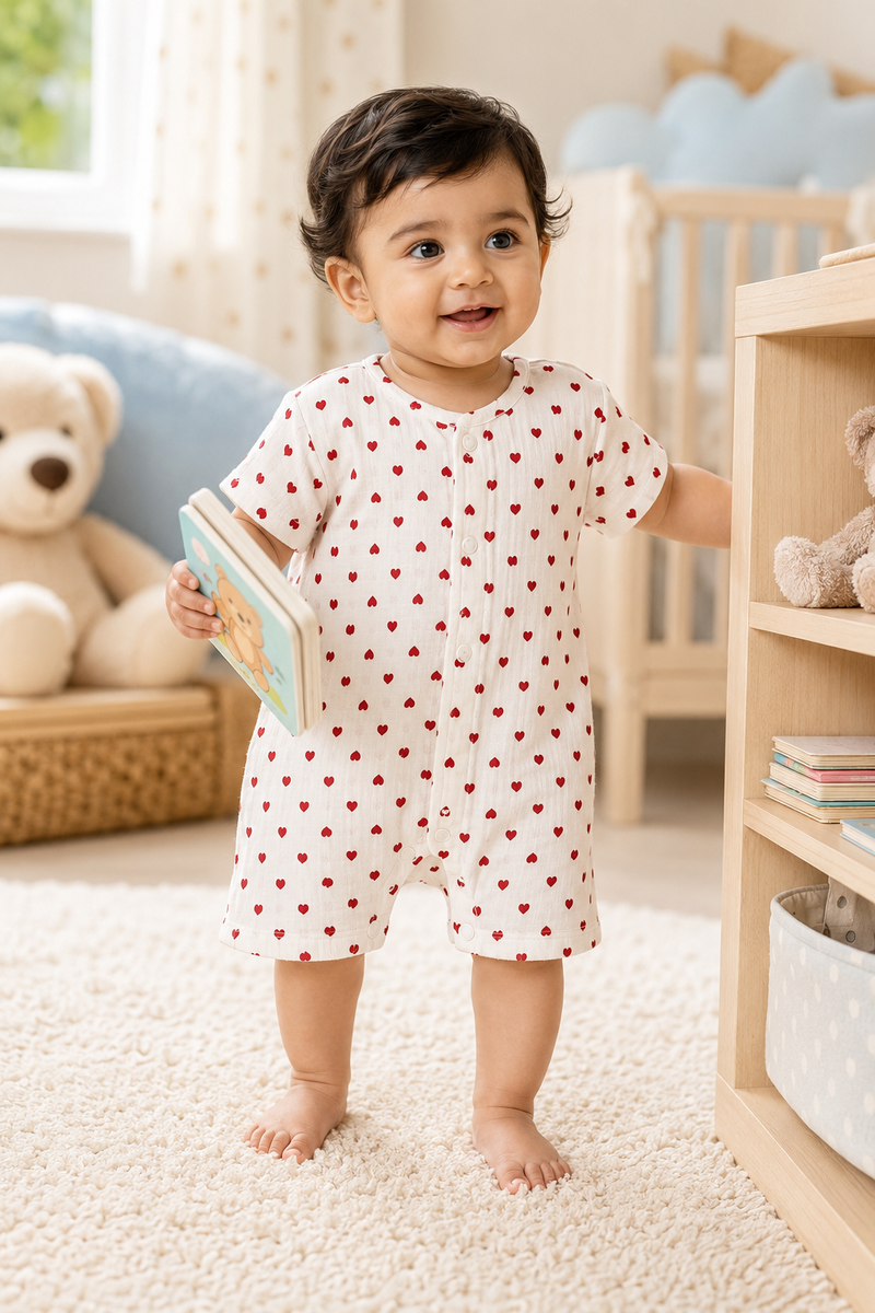 Red Hearts | Short Sleeves | Unisex Romper Bodysuit | 100% Cotton Muslin for 0 to 2 Yrs