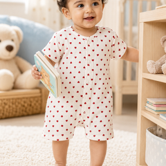 Red Hearts | Short Sleeves | Unisex Romper Bodysuit | 100% Cotton Muslin for 0 to 2 Yrs