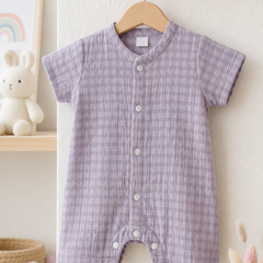 Lilac Checks | Short Sleeves | Unisex Romper Bodysuit | 100% Cotton Muslin for 0 to 2 Yrs