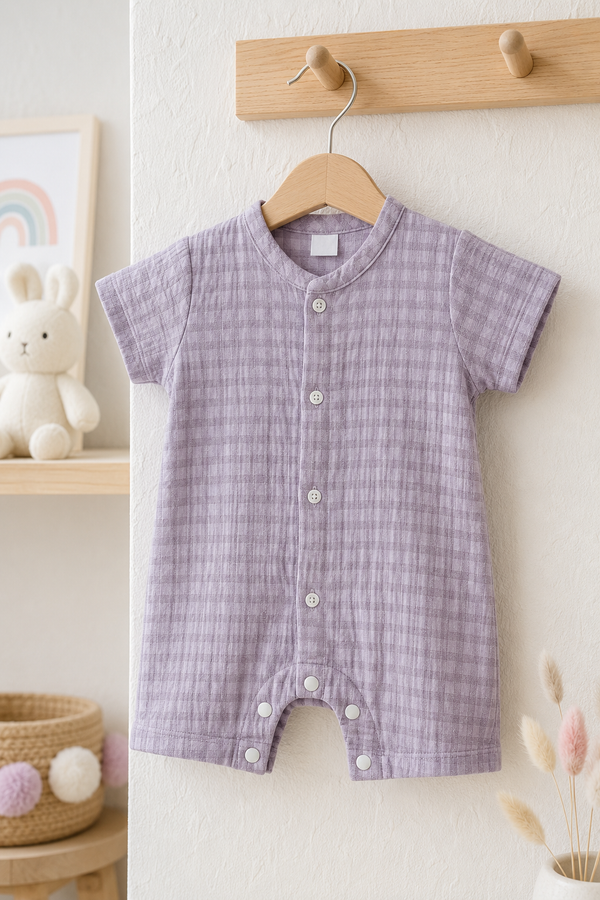 Lilac Checks | Short Sleeves | Unisex Romper Bodysuit | 100% Cotton Muslin for 0 to 2 Yrs