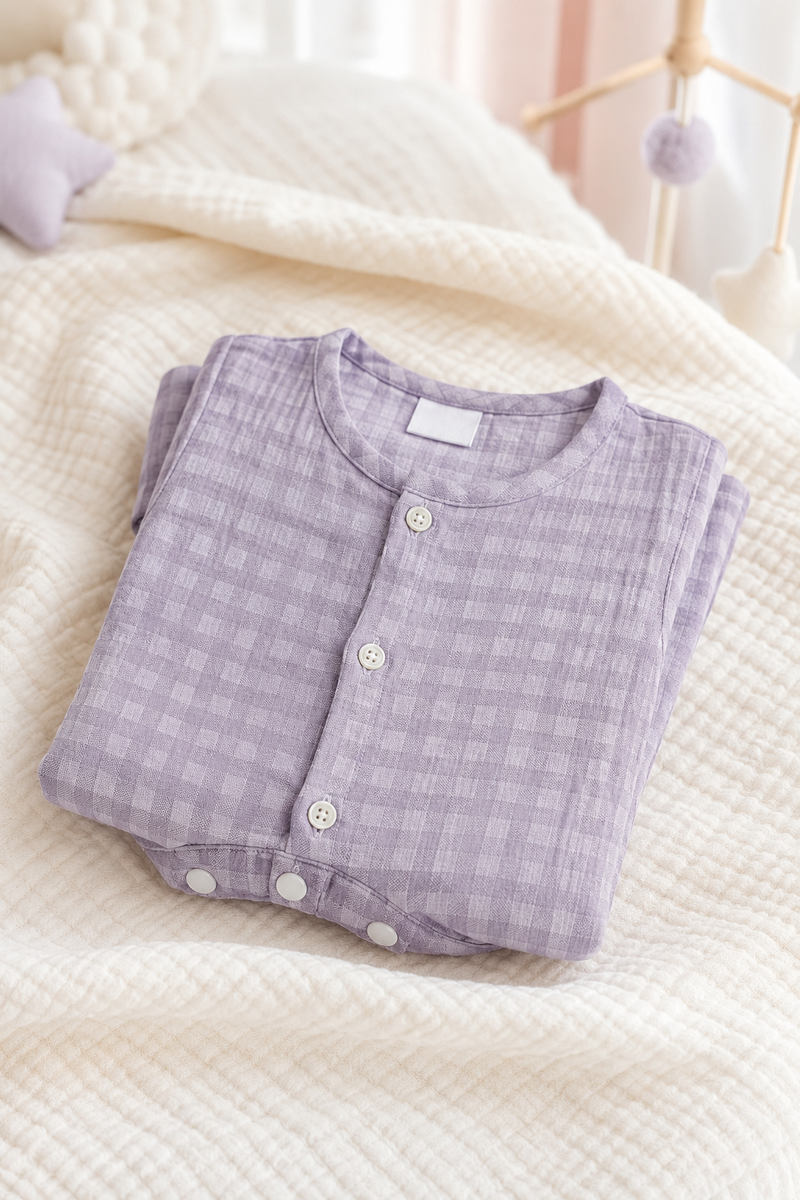 Lilac Checks | Short Sleeves | Unisex Romper Bodysuit | 100% Cotton Muslin for 0 to 2 Yrs