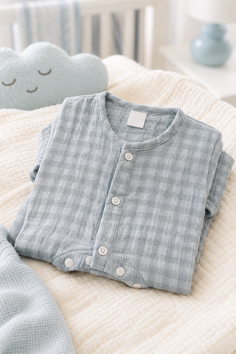 Blue Checks| Short Sleeves | Unisex Romper Bodysuit | 100% Cotton Muslin for 0 to 2 Yrs