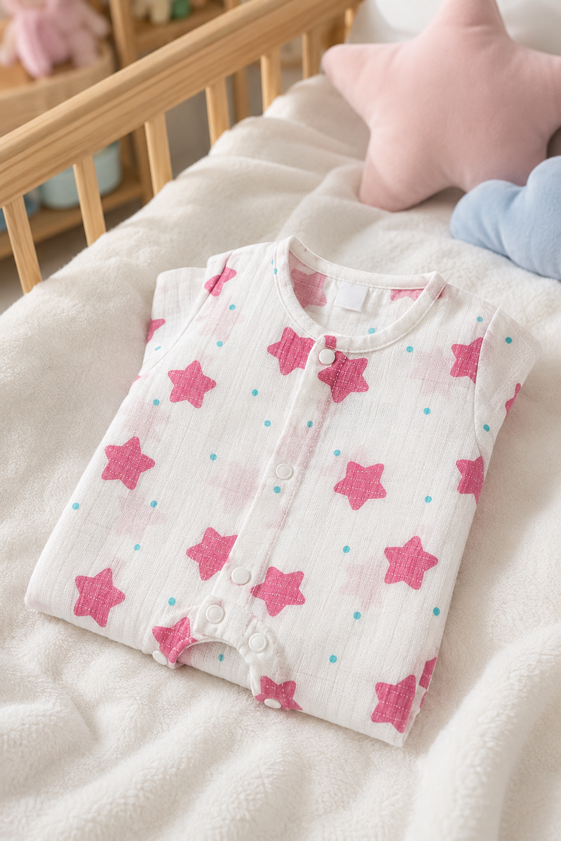 Red Star | Short Sleeves | Unisex Romper Bodysuit | 100% Cotton Muslin for 0 to 2 Yrs