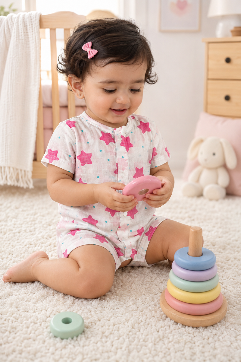 Red Star | Short Sleeves | Unisex Romper Bodysuit | 100% Cotton Muslin for 0 to 2 Yrs