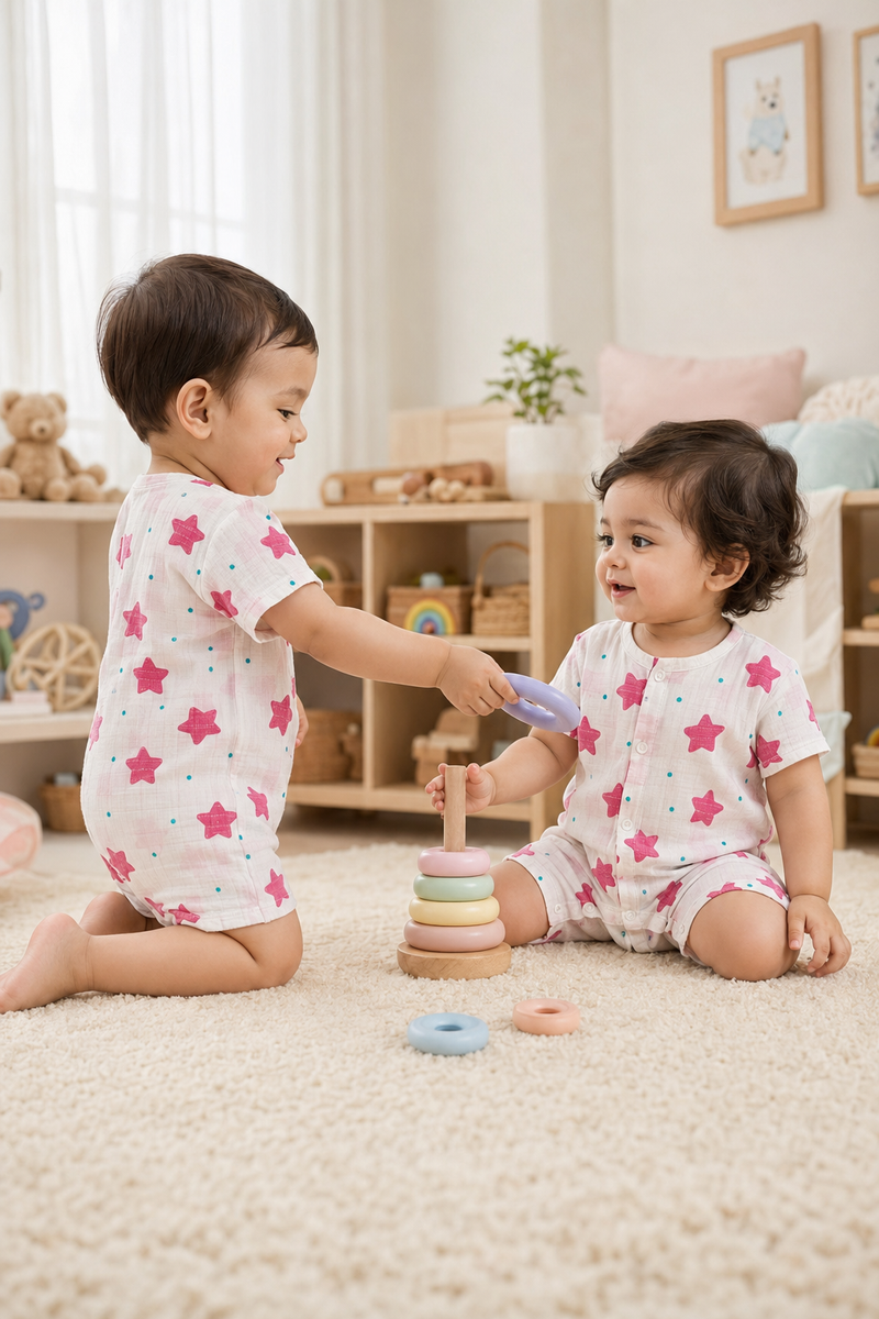 Red Star | Short Sleeves | Unisex Romper Bodysuit | 100% Cotton Muslin for 0 to 2 Yrs
