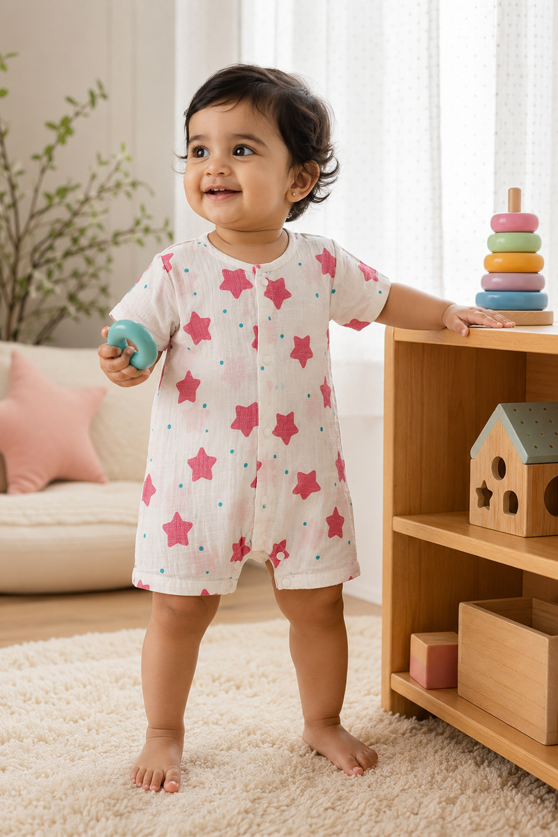 Red Star | Short Sleeves | Unisex Romper Bodysuit | 100% Cotton Muslin for 0 to 2 Yrs