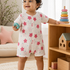 Red Star | Short Sleeves | Unisex Romper Bodysuit | 100% Cotton Muslin for 0 to 2 Yrs