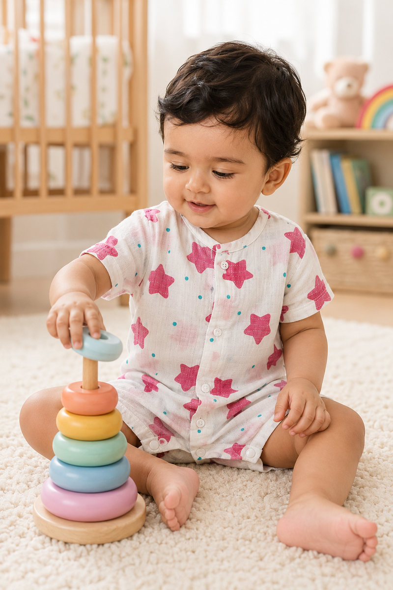 Red Star | Short Sleeves | Unisex Romper Bodysuit | 100% Cotton Muslin for 0 to 2 Yrs