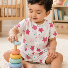 Red Star | Short Sleeves | Unisex Romper Bodysuit | 100% Cotton Muslin for 0 to 2 Yrs