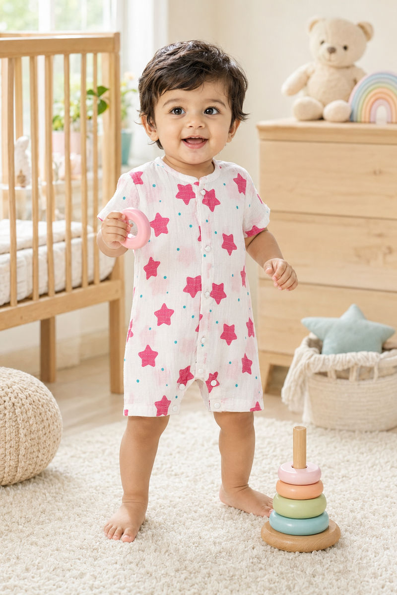 Red Star | Short Sleeves | Unisex Romper Bodysuit | 100% Cotton Muslin for 0 to 2 Yrs