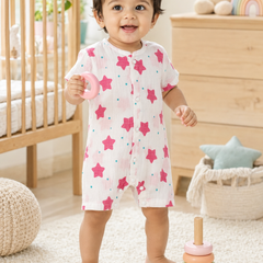 Red Star | Short Sleeves | Unisex Romper Bodysuit | 100% Cotton Muslin for 0 to 2 Yrs