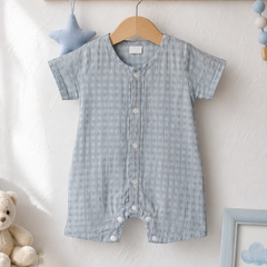 Blue Checks| Short Sleeves | Unisex Romper Bodysuit | 100% Cotton Muslin for 0 to 2 Yrs