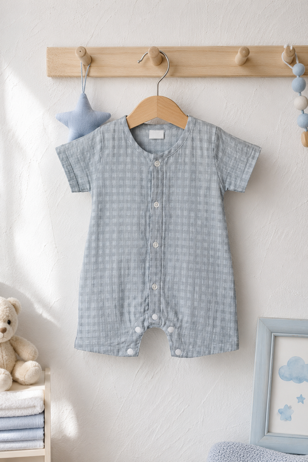 Blue Checks| Short Sleeves | Unisex Romper Bodysuit | 100% Cotton Muslin for 0 to 2 Yrs