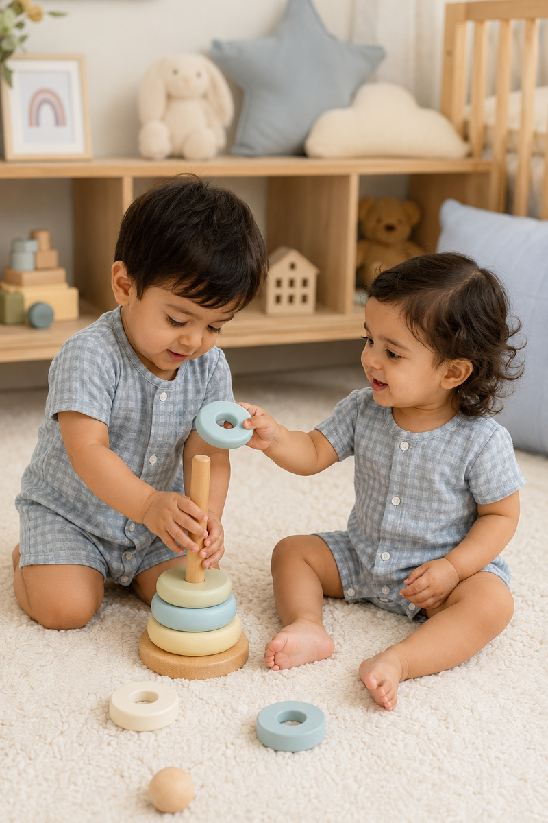 Blue Checks| Short Sleeves | Unisex Romper Bodysuit | 100% Cotton Muslin for 0 to 2 Yrs