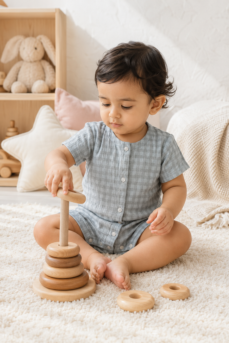 Blue Checks| Short Sleeves | Unisex Romper Bodysuit | 100% Cotton Muslin for 0 to 2 Yrs