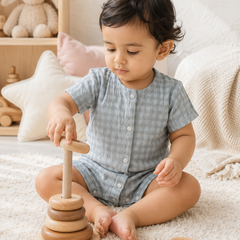 Blue Checks| Short Sleeves | Unisex Romper Bodysuit | 100% Cotton Muslin for 0 to 2 Yrs
