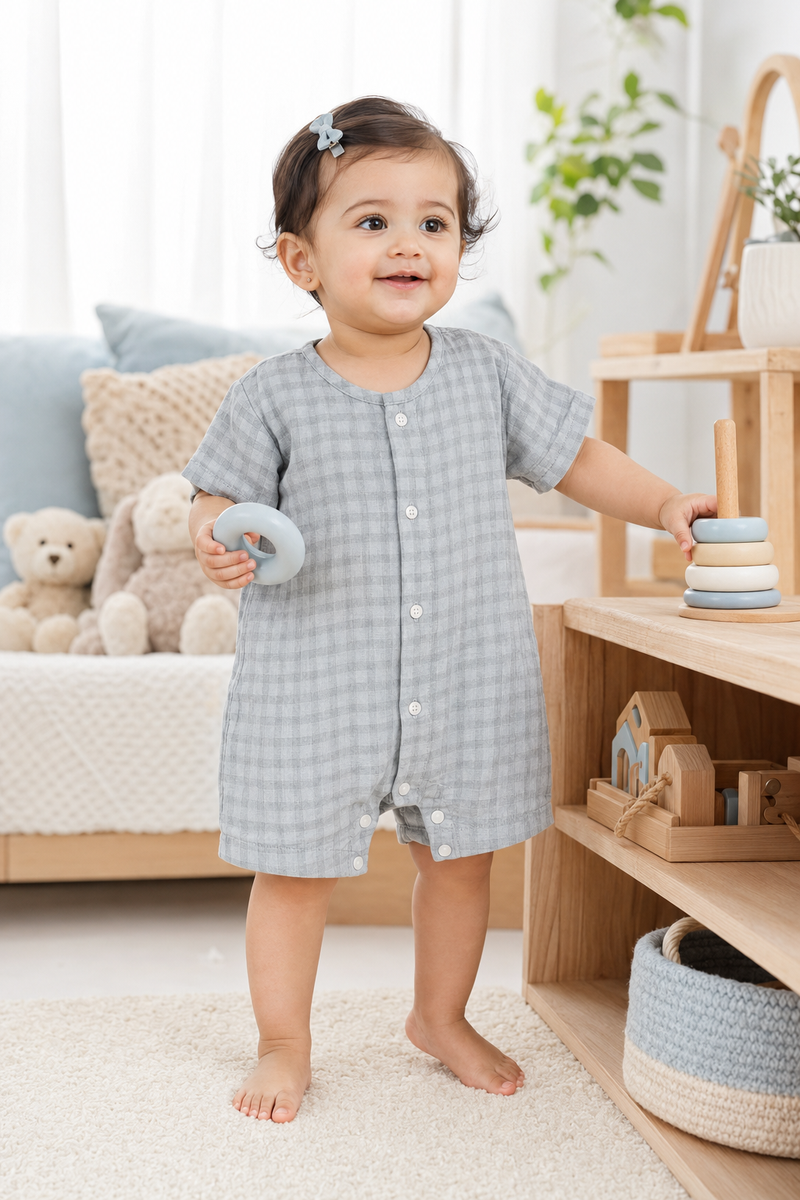 Blue Checks| Short Sleeves | Unisex Romper Bodysuit | 100% Cotton Muslin for 0 to 2 Yrs