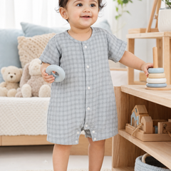 Blue Checks| Short Sleeves | Unisex Romper Bodysuit | 100% Cotton Muslin for 0 to 2 Yrs