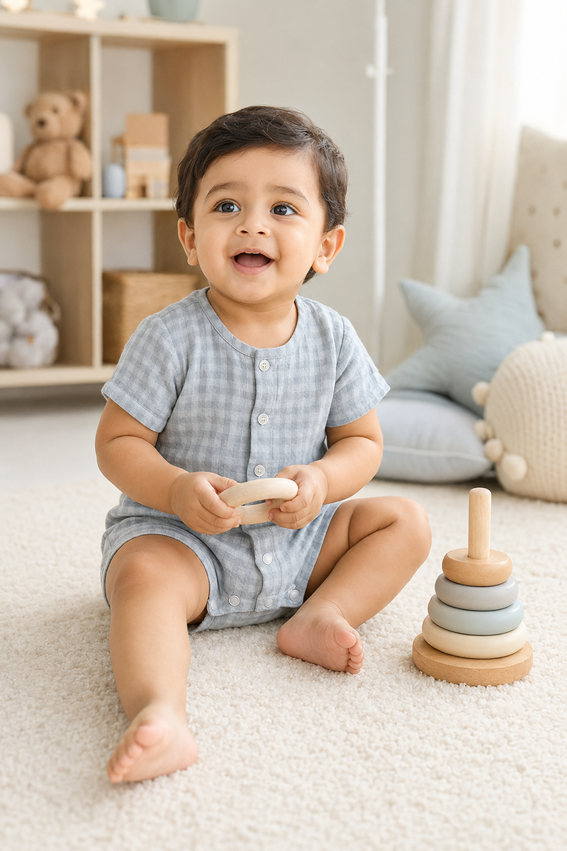 Blue Checks| Short Sleeves | Unisex Romper Bodysuit | 100% Cotton Muslin for 0 to 2 Yrs
