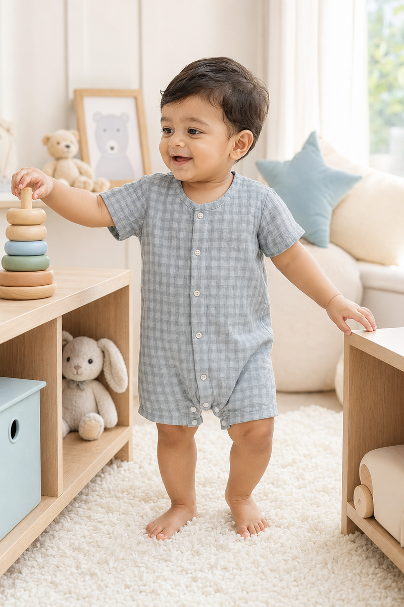 Blue Checks| Short Sleeves | Unisex Romper Bodysuit | 100% Cotton Muslin for 0 to 2 Yrs