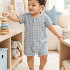 Blue Checks| Short Sleeves | Unisex Romper Bodysuit | 100% Cotton Muslin for 0 to 2 Yrs