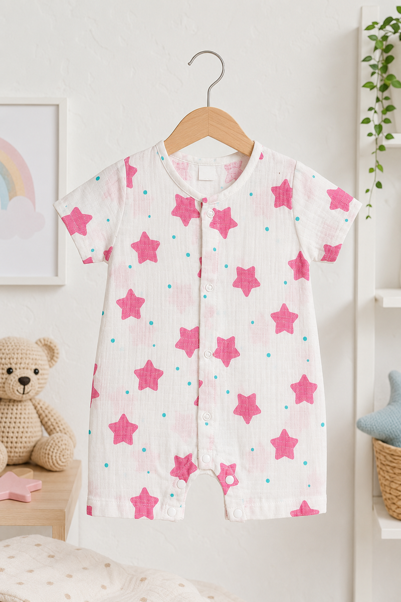 Red Star | Short Sleeves | Unisex Romper Bodysuit | 100% Cotton Muslin for 0 to 2 Yrs