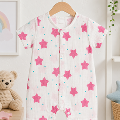 Red Star | Short Sleeves | Unisex Romper Bodysuit | 100% Cotton Muslin for 0 to 2 Yrs
