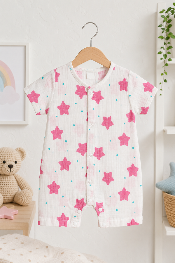 Red Star | Short Sleeves | Unisex Romper Bodysuit | 100% Cotton Muslin for 0 to 2 Yrs