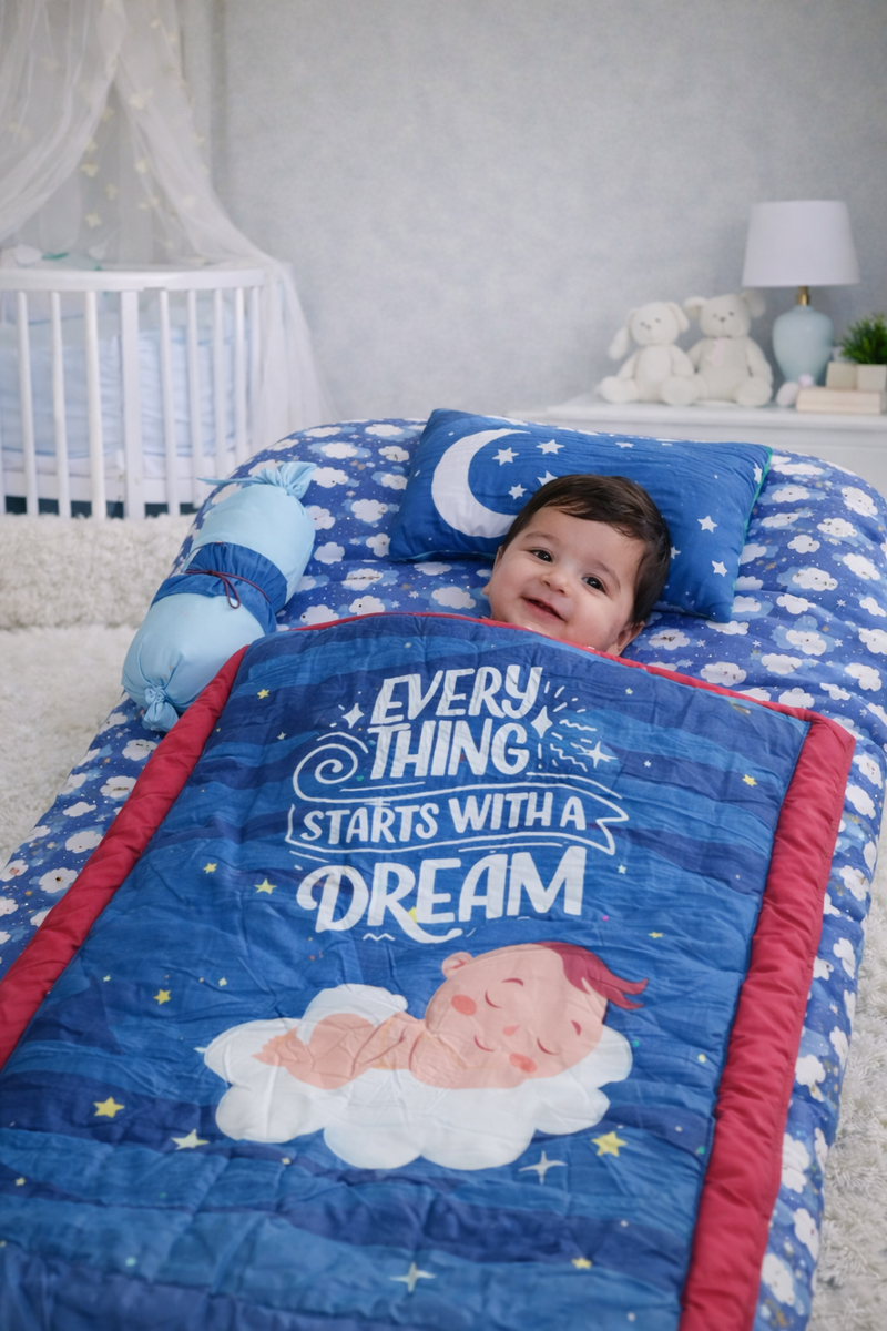 Kradyl Kroft 6 Pc Bedding Set for Infants | Baby Bedding Set | Baby Mattress with Quilt | Side Pillows | Head Pillow (Clouds)