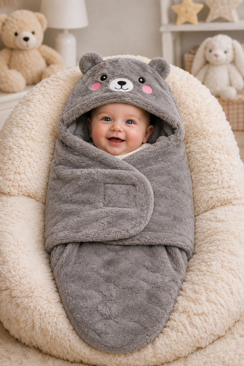 Soft Velvet Fleece Newborn Baby Embroidered Hooded Swaddle Blanket for 0-6 Months - Grey Bear